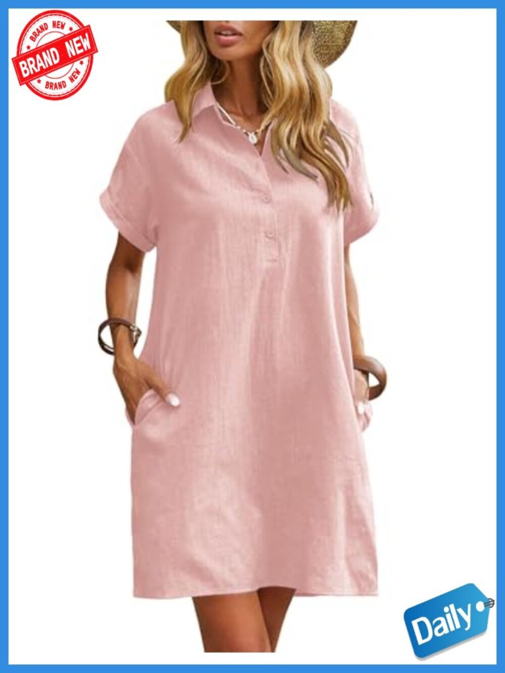 Cotton Shift Dress - Short Sleeve Button Down with Pockets - Beach Cover Up